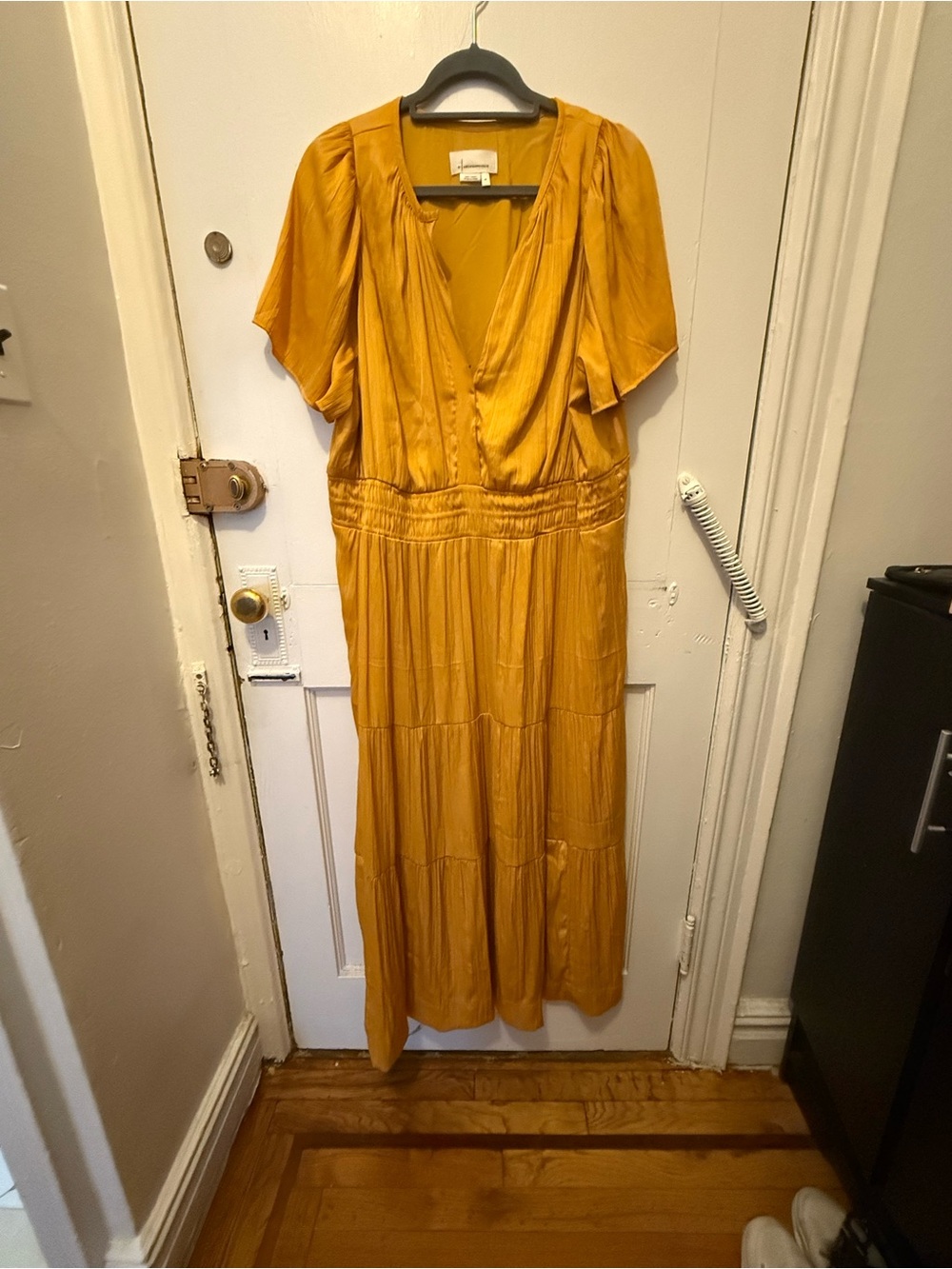 Anthropologie Somerset Yellow Satin Tiered Midi Dress - Picture 2 of 5